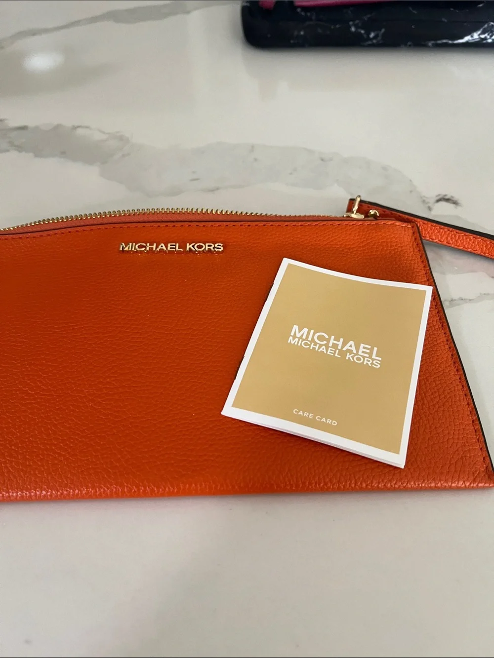 Michael Kors Pebbled Leather Wristlet Clutch Tangerine Orange Gold Tone EUC